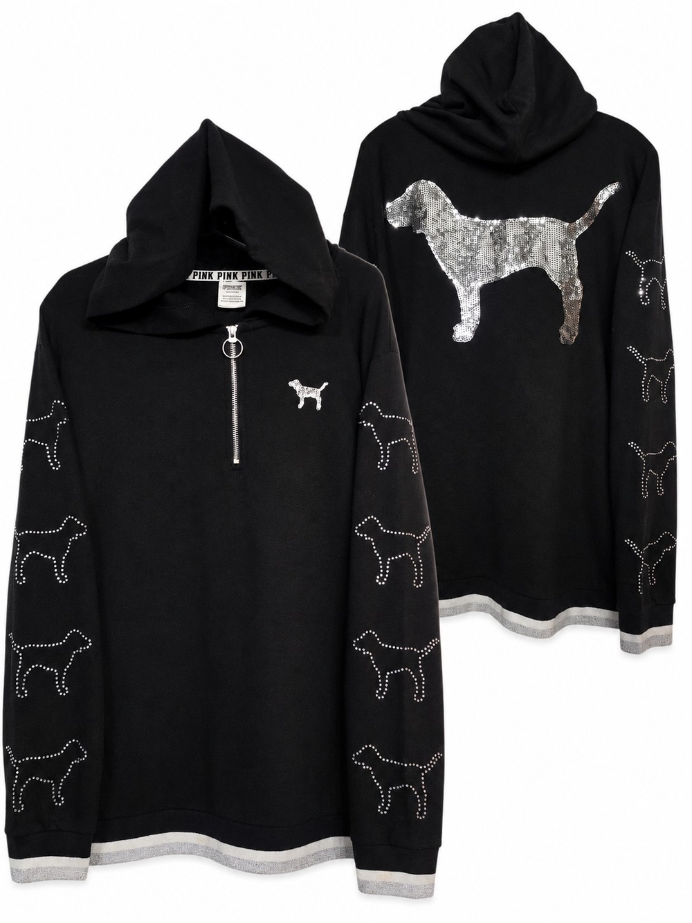 Victoria's Secret PINK Black Sequin Dog Rhinestone Bling Hoodie Sweatshirt Large